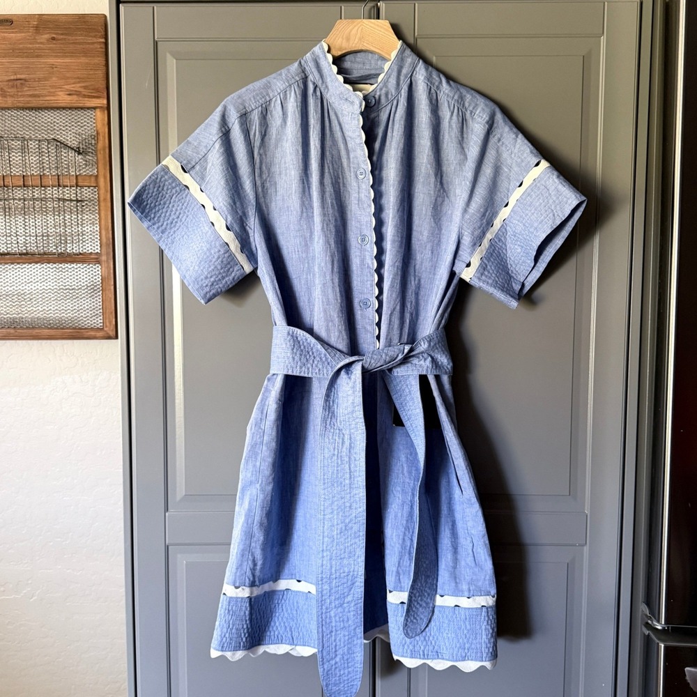 Tuckernuck Cornelia Ric-Rac Trim Chambray Mini Dress, Blue, XS (New)